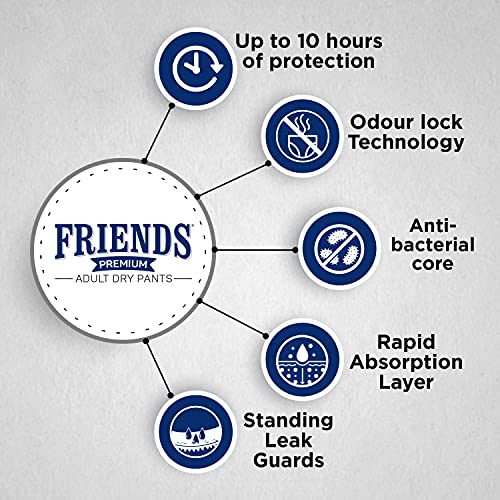 Friends Premium Adult Diapers Pant Style - 10 Count - L- with odour lock and Anti-Bacterial Absorbent Core- Waist Size 30- 56 Inch ; 76- 142cm