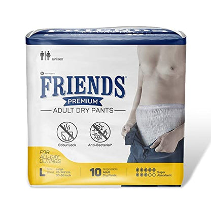 Friends Premium Adult Diapers Pant Style - 10 Count - L- with odour lock and Anti-Bacterial Absorbent Core- Waist Size 30- 56 Inch ; 76- 142cm